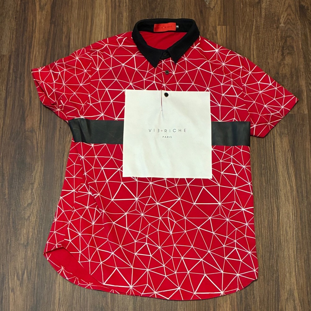 Vie+Riche Paris Polo Shirt Men's XXL Red Geometric Print Short Sleeve Casual